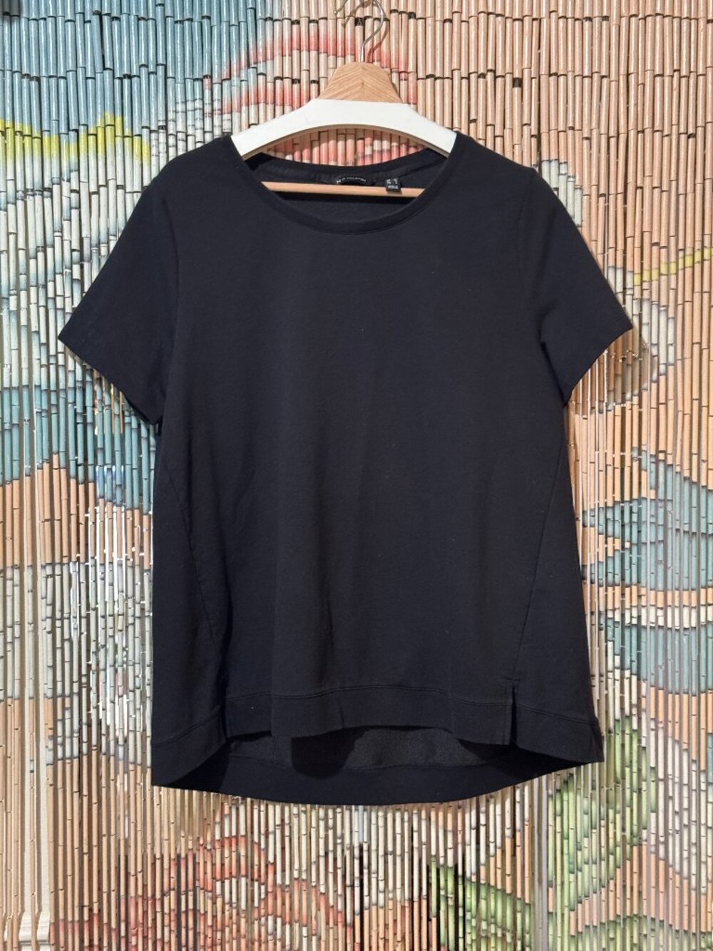 H by Halston French Terry Short Sleeve High Low Hem Shirt, Black, Medium